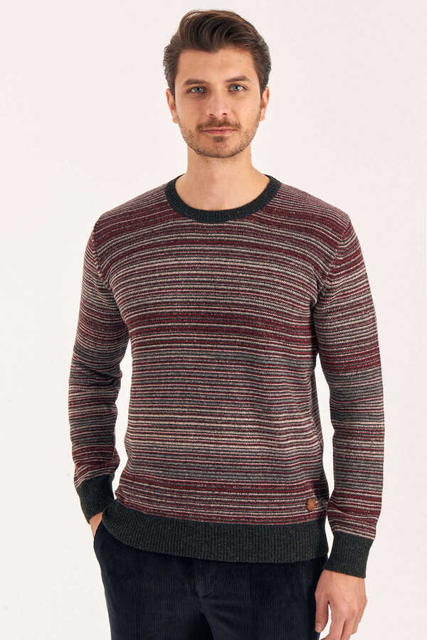 Burgundy Wool Crew Neck Striped Sweater - 1