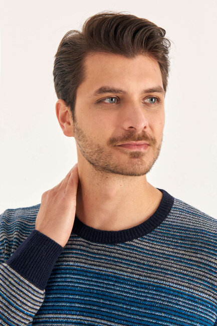 Petrol Wool Crew Neck Striped Sweater - 2