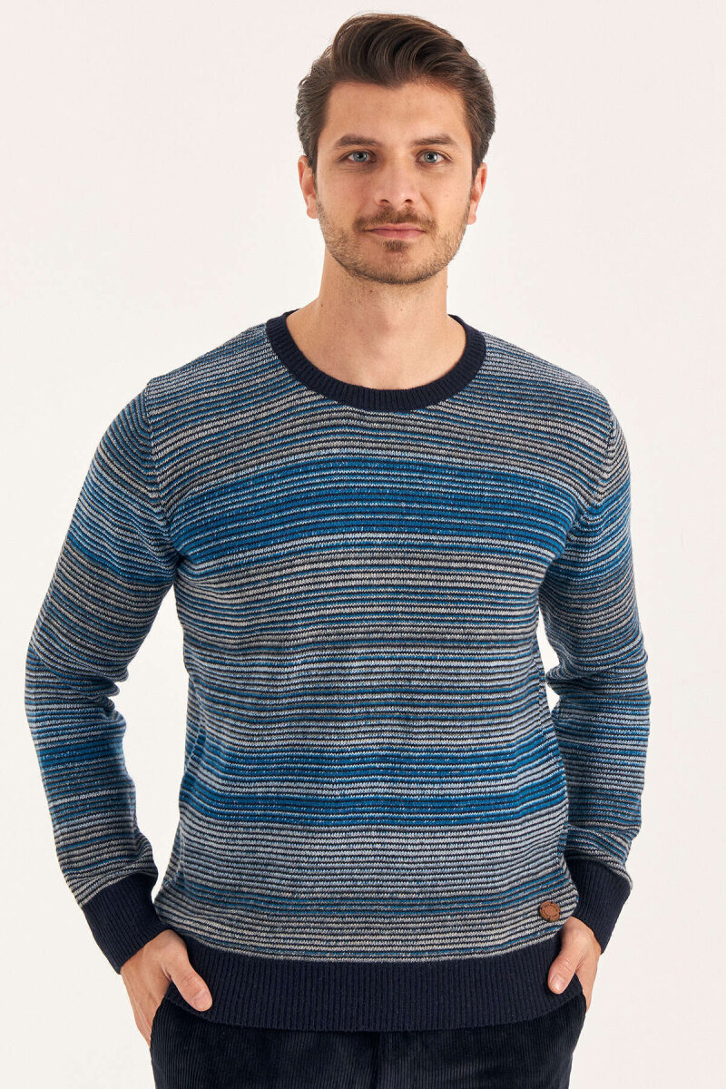 Petrol Wool Crew Neck Striped Sweater - 3
