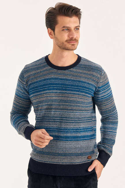 Petrol Wool Crew Neck Striped Sweater - 1
