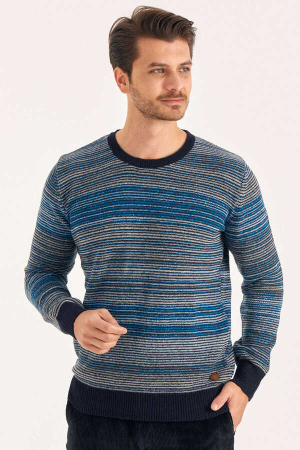 Petrol Wool Crew Neck Striped Sweater - 1