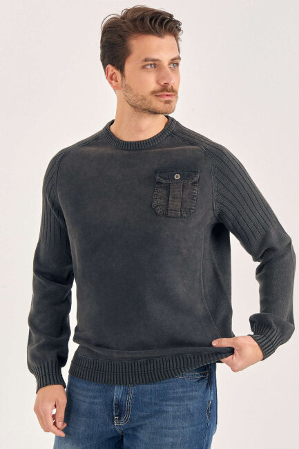 Anthracite 100% Cotton Vintage Pocket Sweater - 2