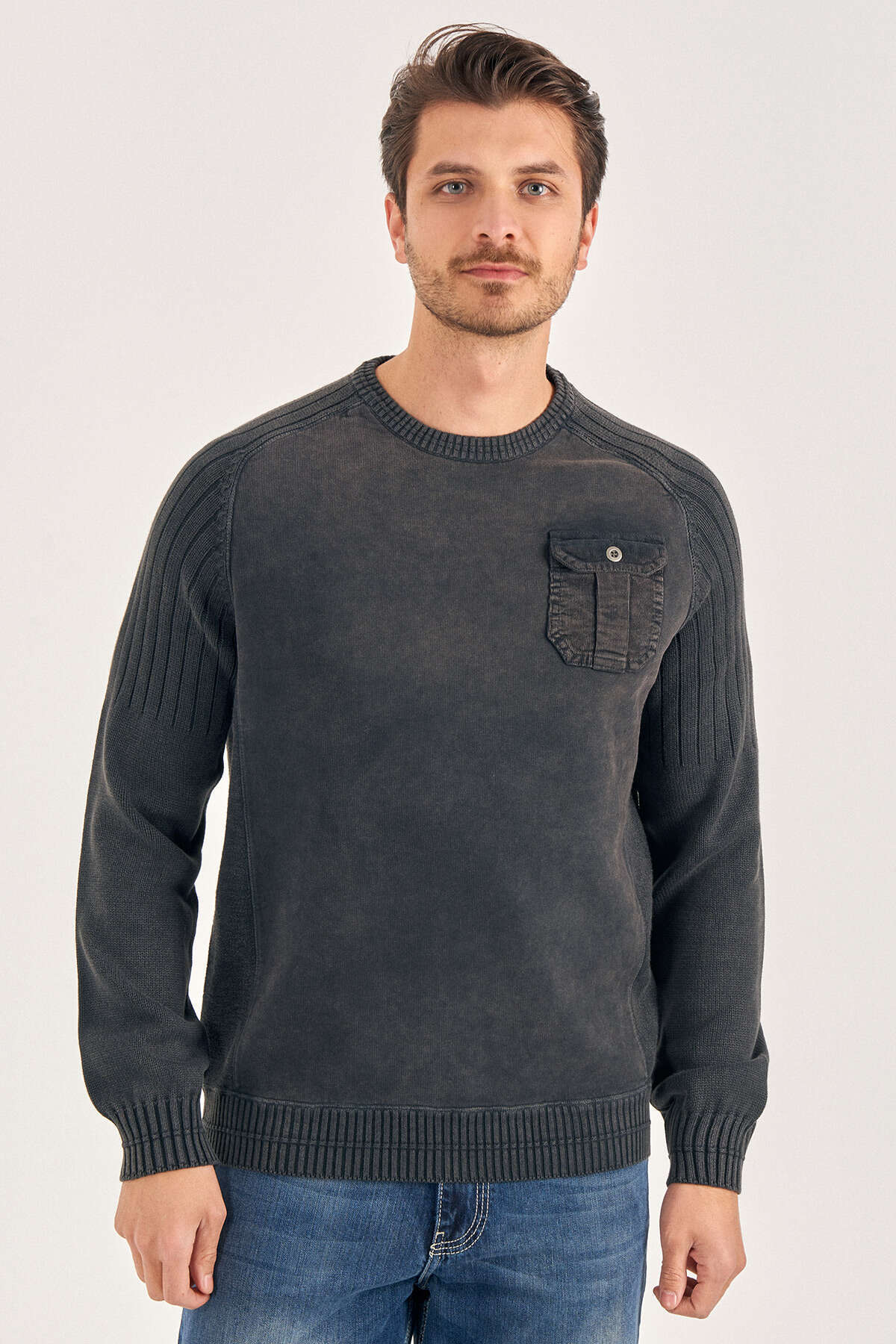 Anthracite 100% Cotton Vintage Pocket Sweater - 1