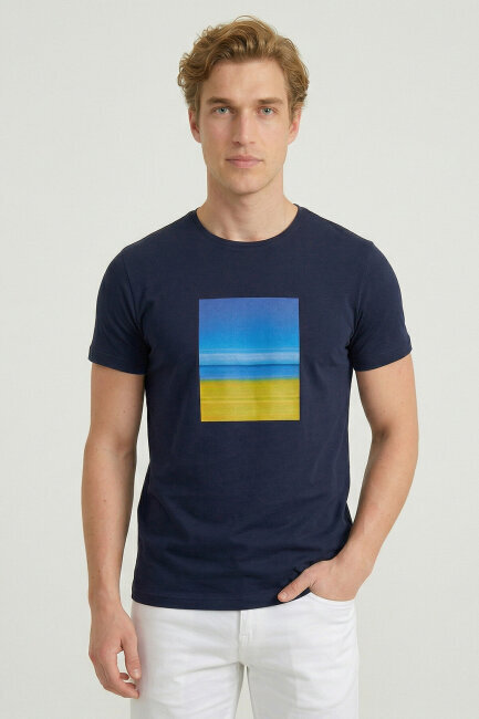 Navy Blue 100% Cotton Printed T-shirt 