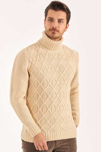 Bej Yünlü Balıkçı Yaka Kazak 