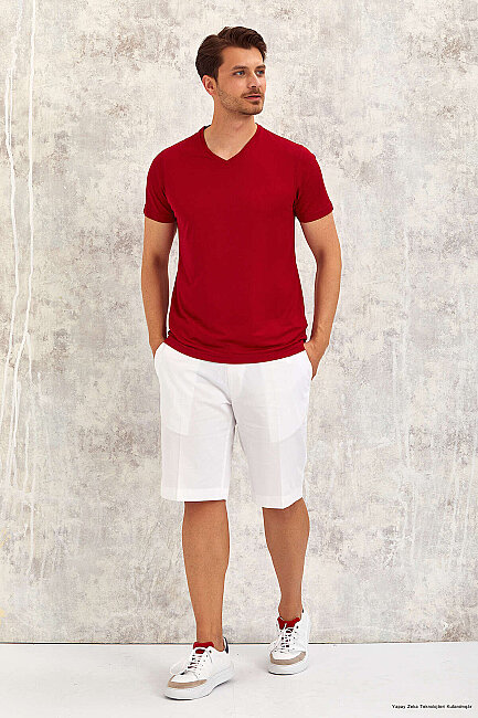 Burgundy V-Neck Basic T-shirt 