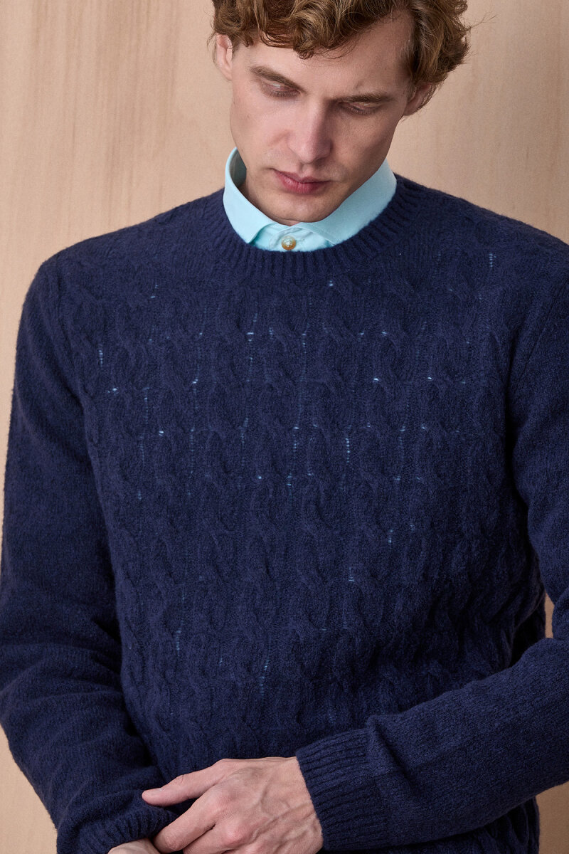 Navy Blue Wool Cable Knit Crew Neck Sweater - 1