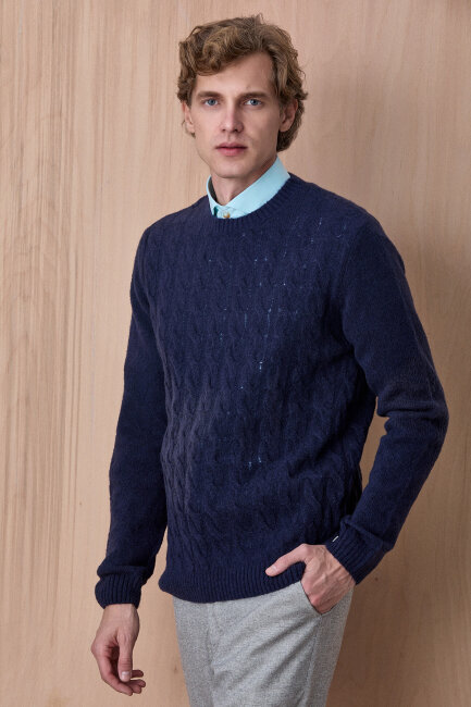 Navy Blue Wool Cable Knit Crew Neck Sweater - 2