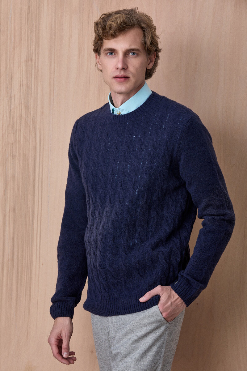 Navy Blue Wool Cable Knit Crew Neck Sweater - 2