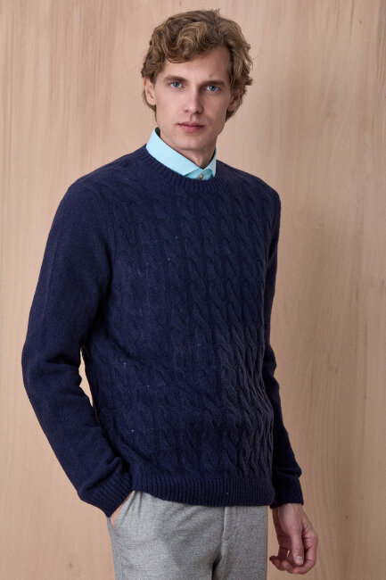 Navy Blue Wool Cable Knit Crew Neck Sweater - 4