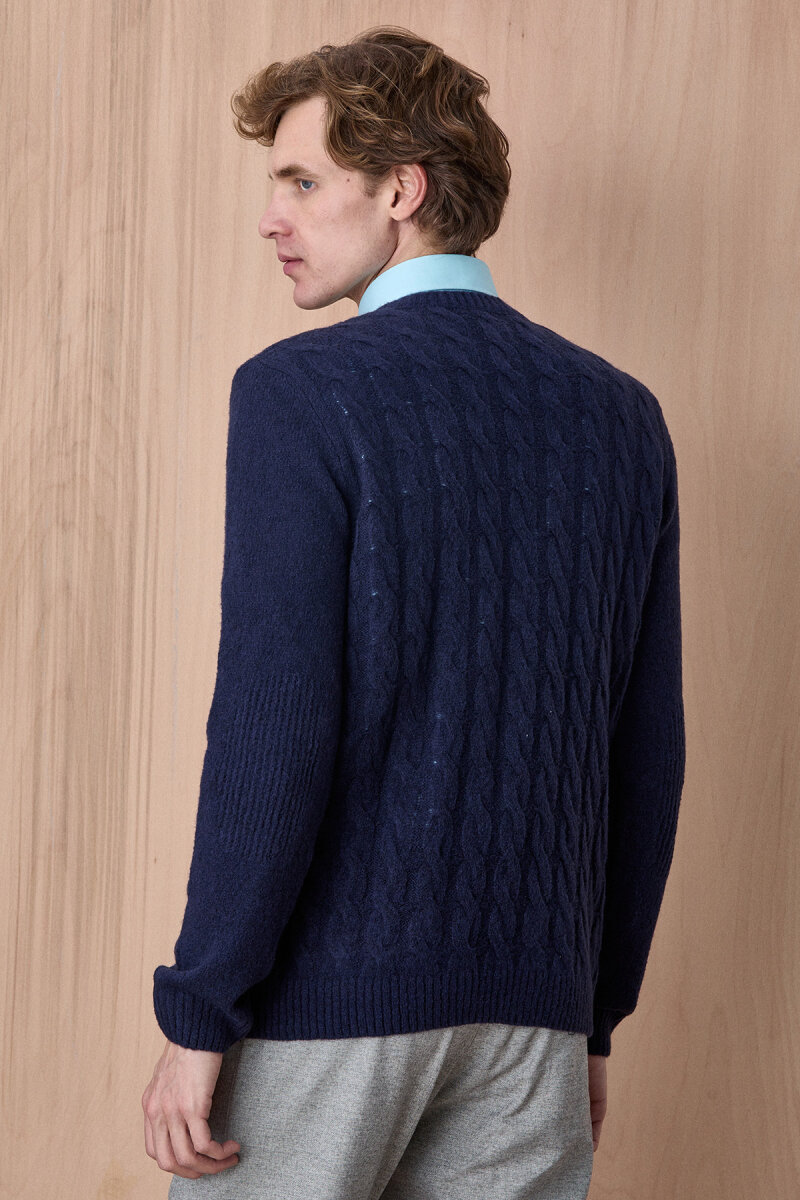 Navy Blue Wool Cable Knit Crew Neck Sweater - 5