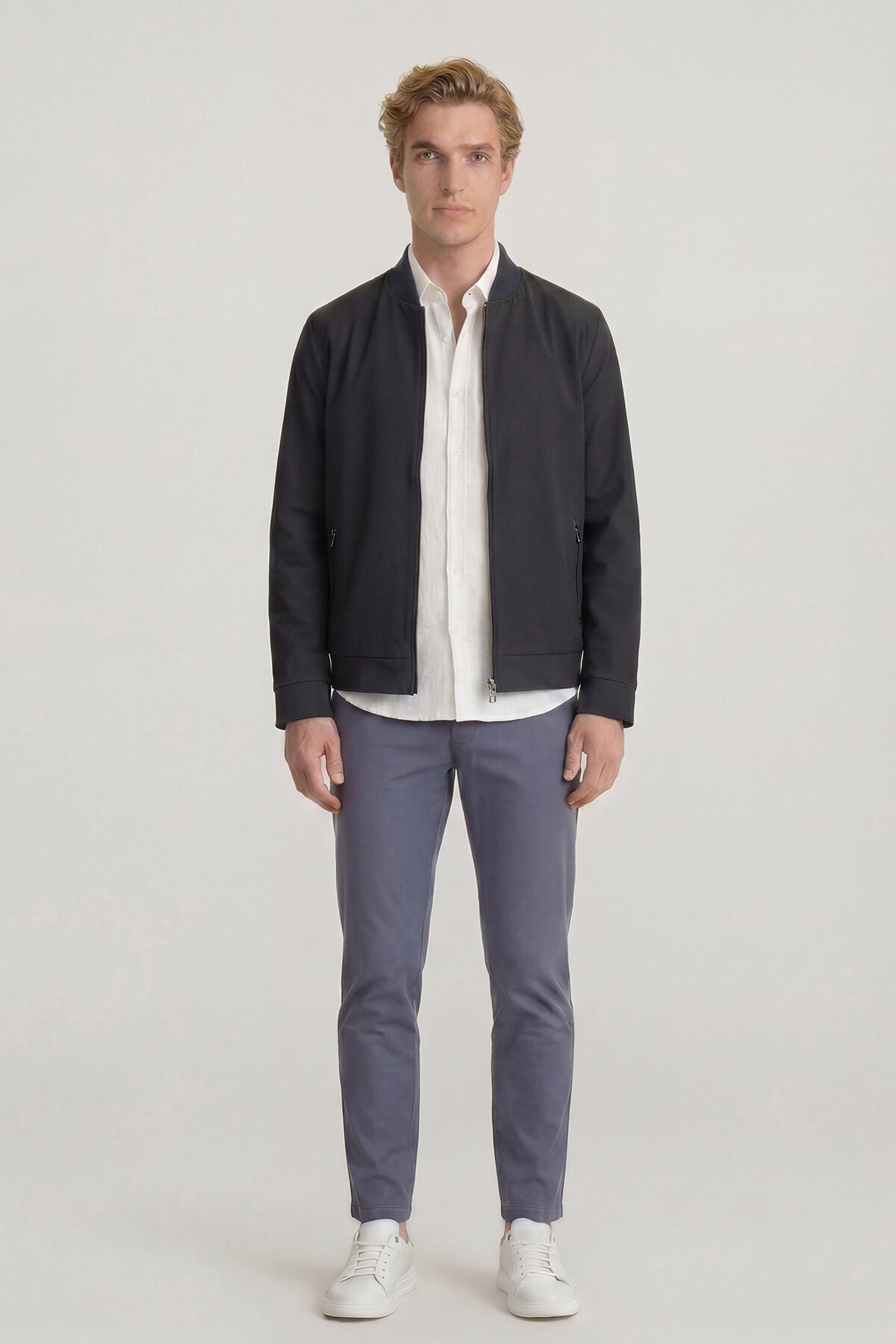 Lacivert Fermuarlu İnce Mont - 1