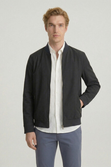 Lacivert Fermuarlu İnce Mont