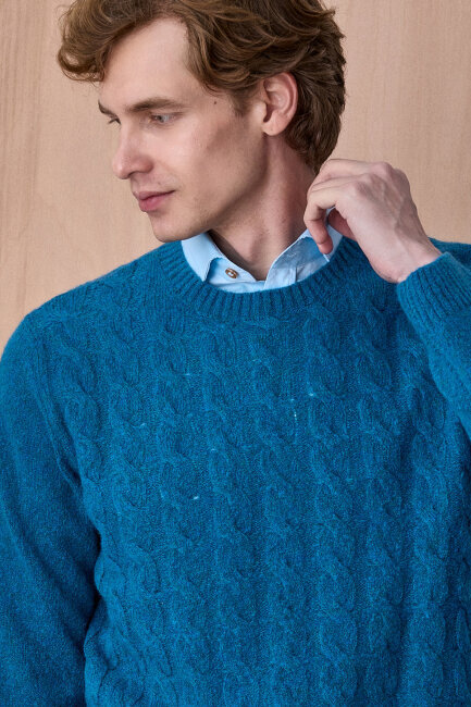 Petrol Wool Cable Knit Crew Neck Sweater - 2