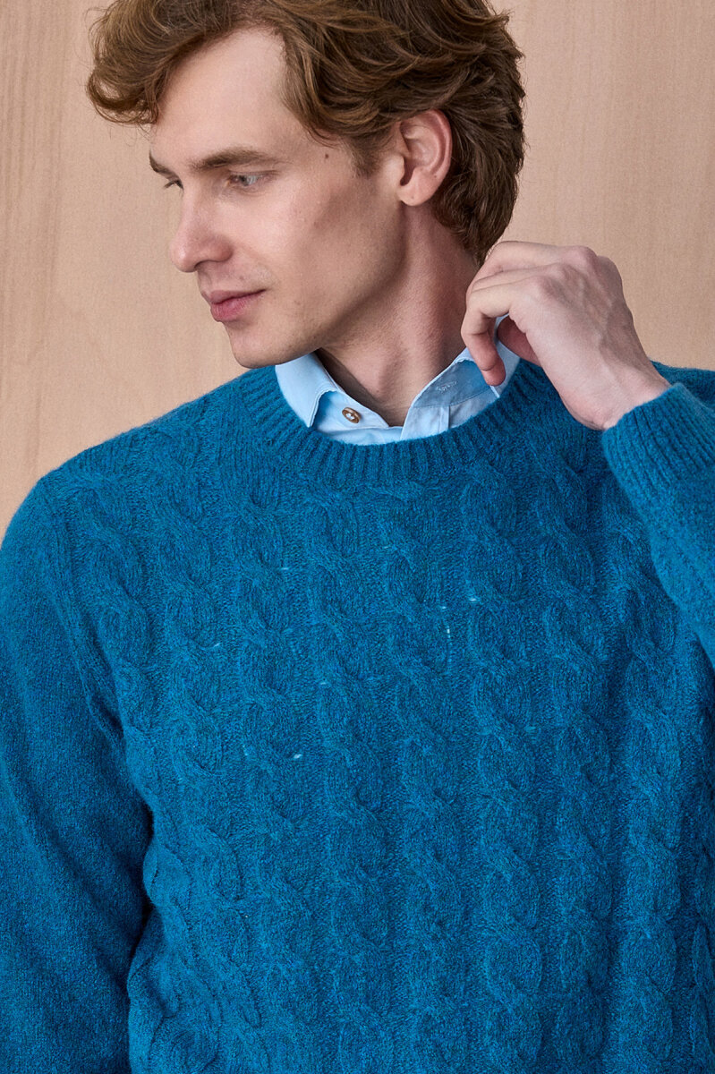 Petrol Wool Cable Knit Crew Neck Sweater (1)