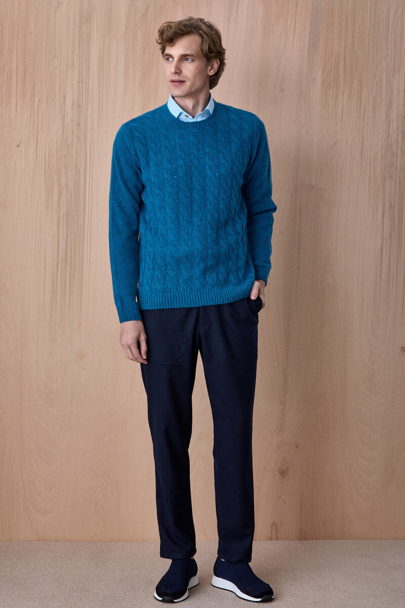 Petrol Wool Cable Knit Crew Neck Sweater - 3