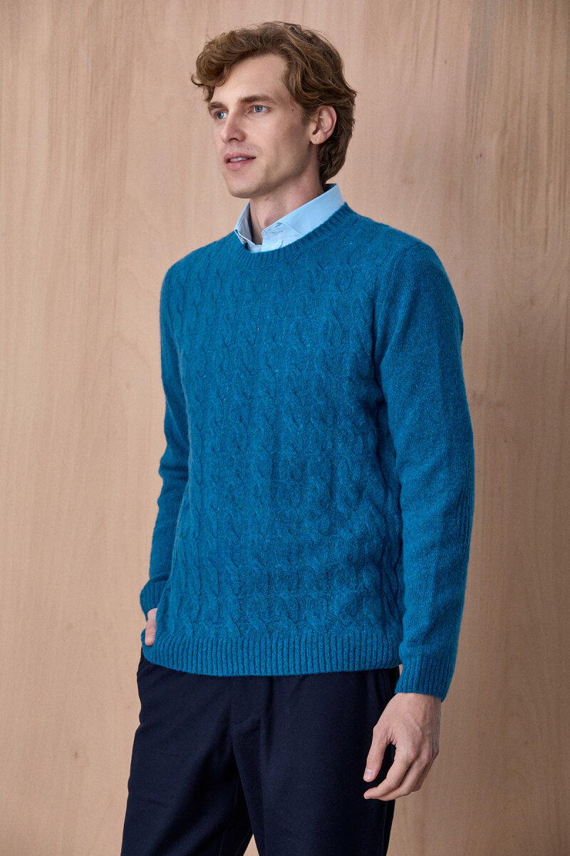 Petrol Wool Cable Knit Crew Neck Sweater - 4