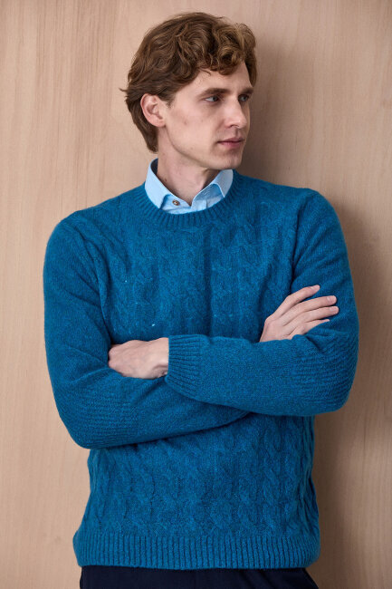 Petrol Wool Cable Knit Crew Neck Sweater 