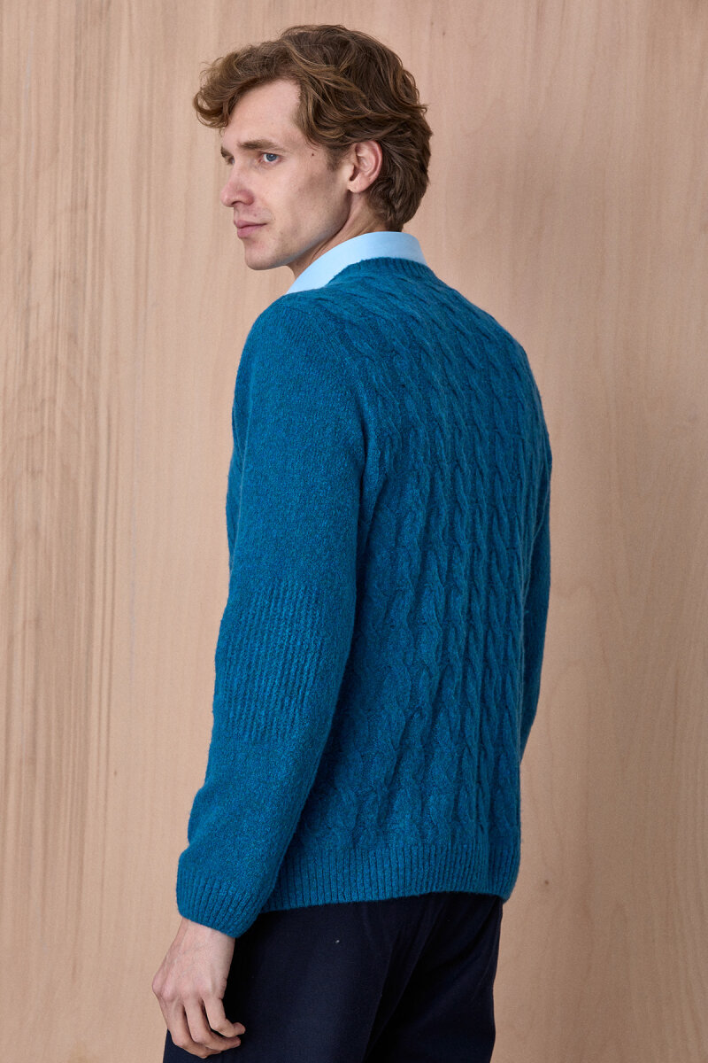 Petrol Wool Cable Knit Crew Neck Sweater - 5