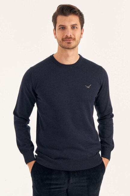 Navy Blue 100% Cotton Crew Neck Sweater - 2