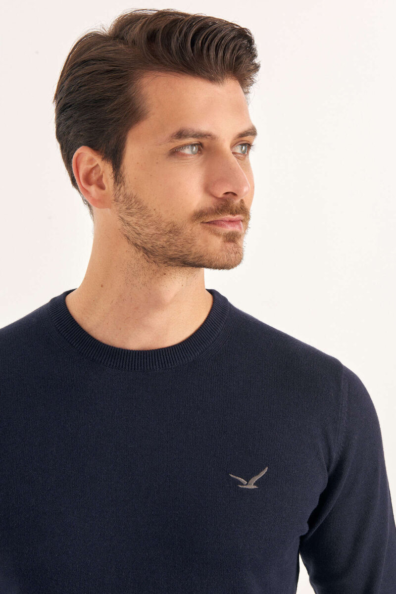 Navy Blue 100% Cotton Crew Neck Sweater - 3