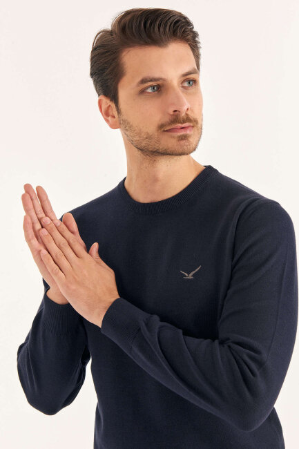 Navy Blue 100% Cotton Crew Neck Sweater - 4