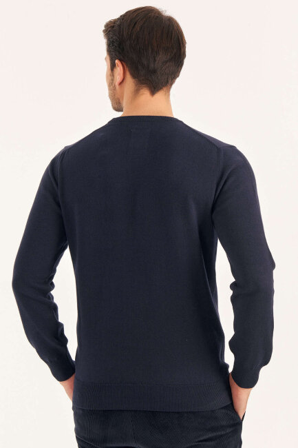 Navy Blue 100% Cotton Crew Neck Sweater - 5