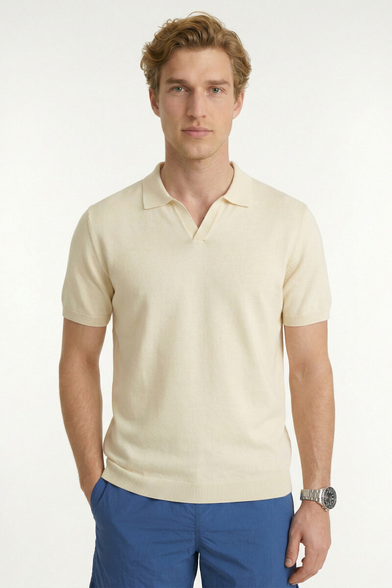 Kırık Beyaz %100 Pamuk Polo Triko Tişört - 1