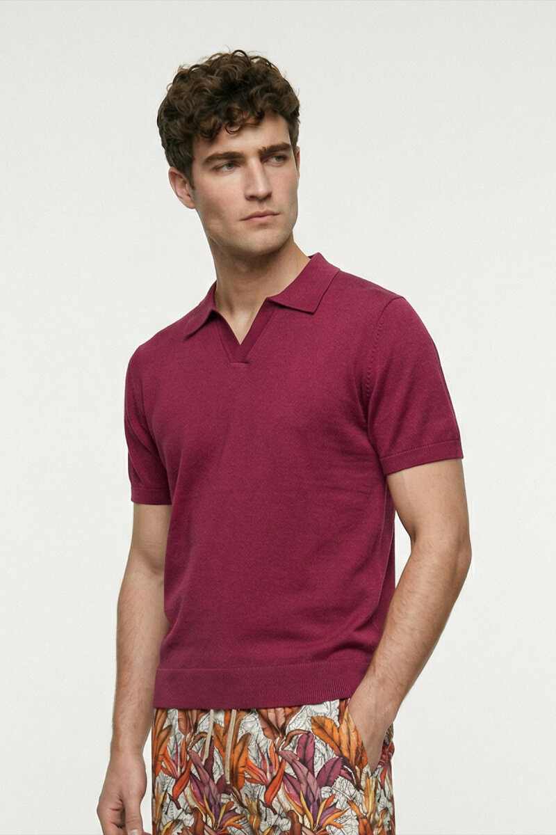 Pembe %100 Pamuk Polo Triko Tişört - 1