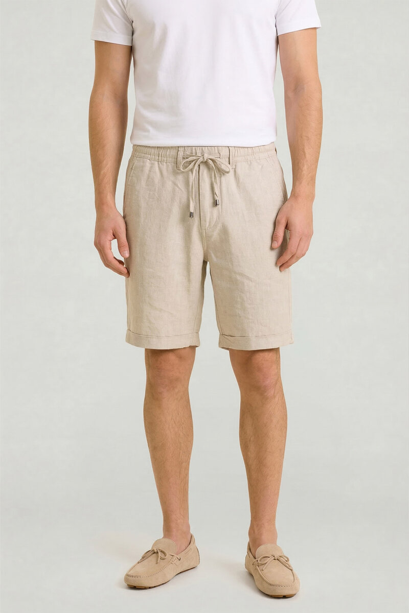Bej Keten Bermuda Şort