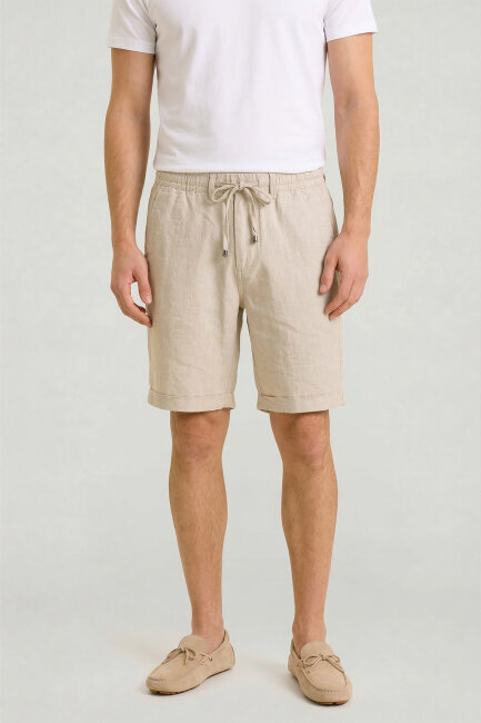 Bej Keten Bermuda Şort - 1