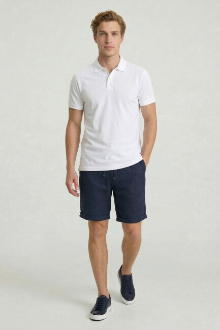 Lacivert %100 Keten Bermuda Şort - 2