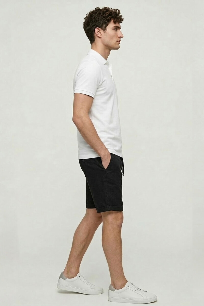 Siyah Keten Bermuda Şort - 5
