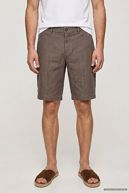 Kahverengi %100 Keten Bermuda Şort