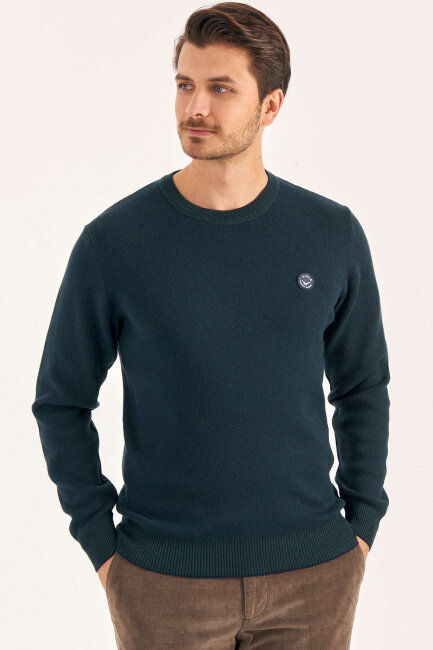 Yeşil %100 Pamuk Bisiklet Yaka Kazak - 2