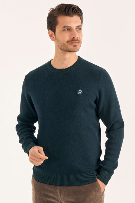 Yeşil %100 Pamuk Bisiklet Yaka Kazak - 3