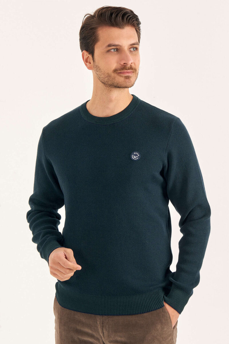 Yeşil %100 Pamuk Bisiklet Yaka Kazak - 3