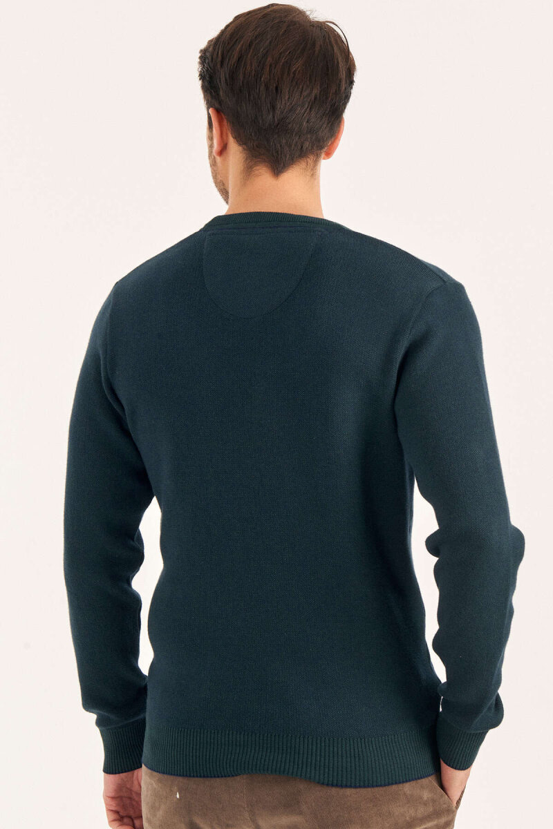 Yeşil %100 Pamuk Bisiklet Yaka Kazak - 5