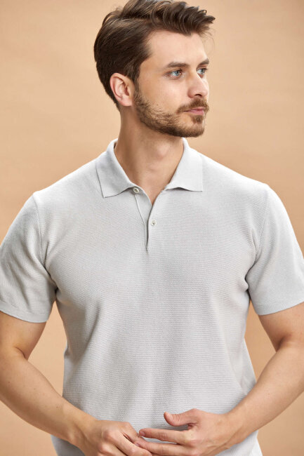 Grey 100% Cotton Polo Knit T-shirt - 2
