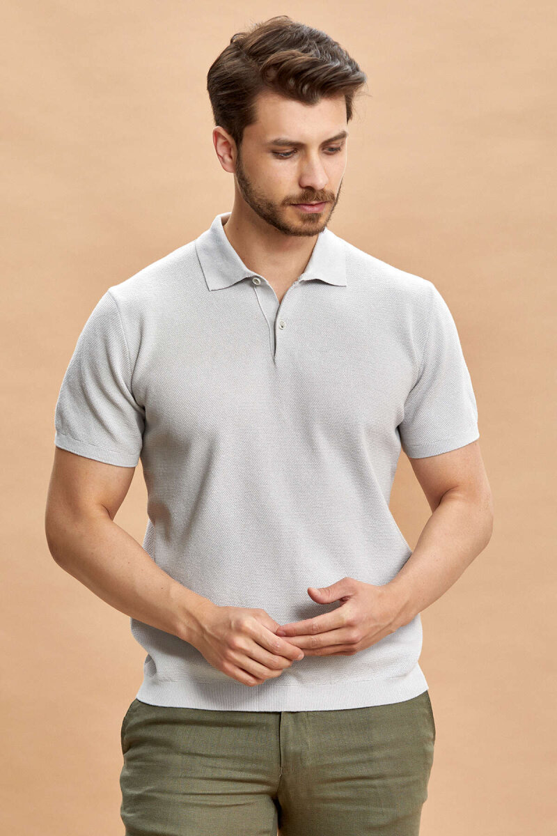 Grey 100% Cotton Polo Knit T-shirt - 5