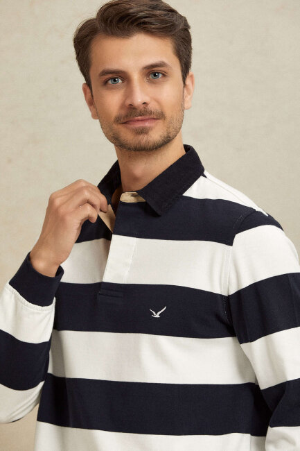 Lacivert - Ekru %100 Pamuk Kadife Yaka Sweatshirt - 2