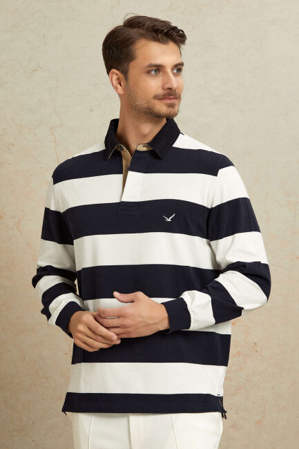 Lacivert - Ekru %100 Pamuk Kadife Yaka Sweatshirt - 4