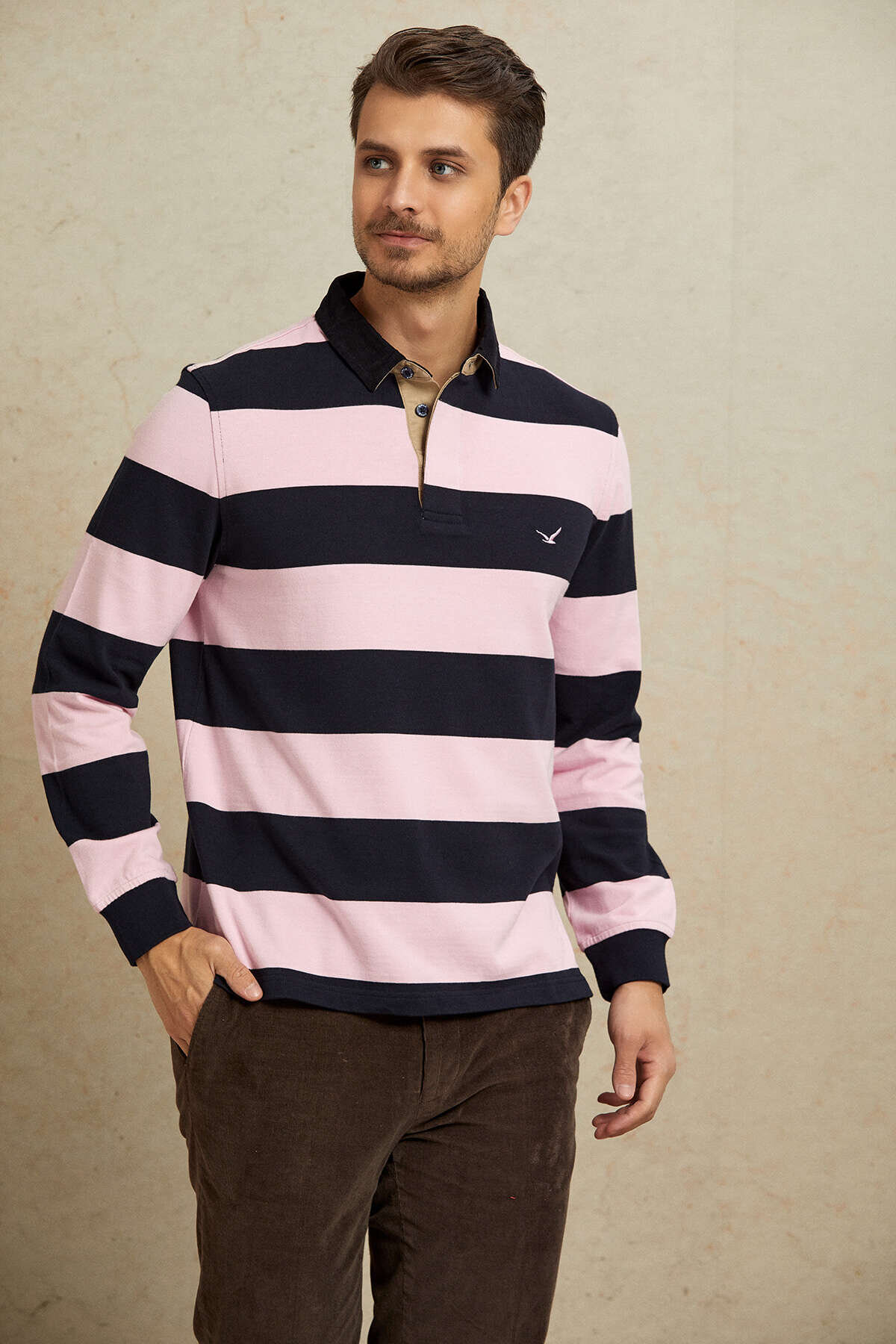 Lacivert - Pembe %100 Pamuk Kadife Yaka Sweatshirt - 4