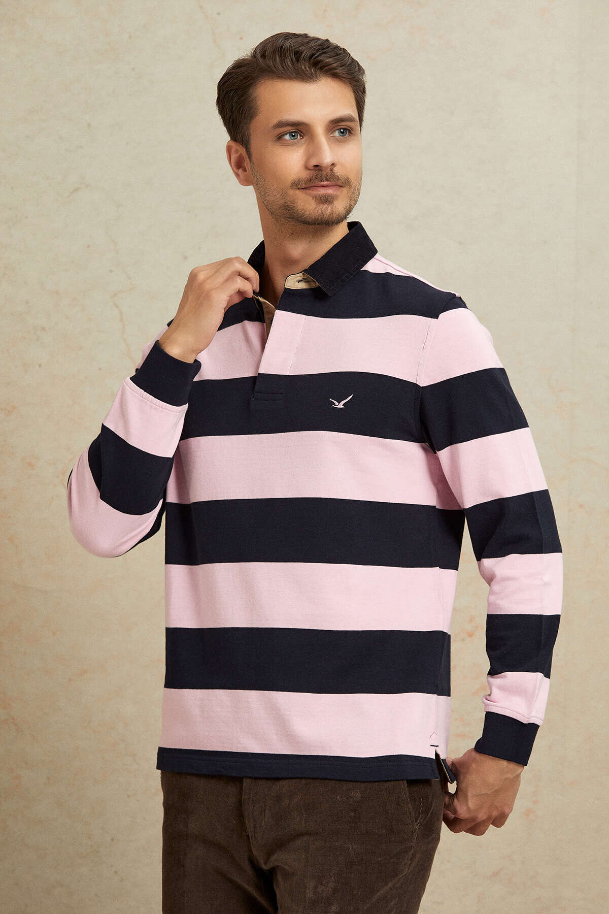 Lacivert - Pembe %100 Pamuk Kadife Yaka Sweatshirt - 6