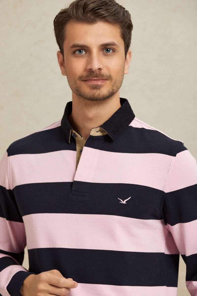 Lacivert - Pembe %100 Pamuk Kadife Yaka Sweatshirt (1)