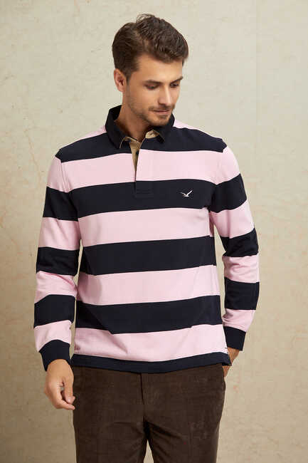 Lacivert - Pembe %100 Pamuk Kadife Yaka Sweatshirt 