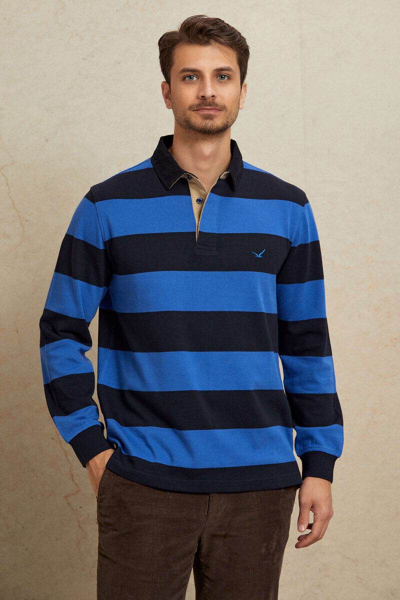 Lacivert - Royale %100 Pamuk Kadife Yaka Sweatshirt - 5