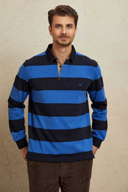 Lacivert - Royale %100 Pamuk Kadife Yaka Sweatshirt