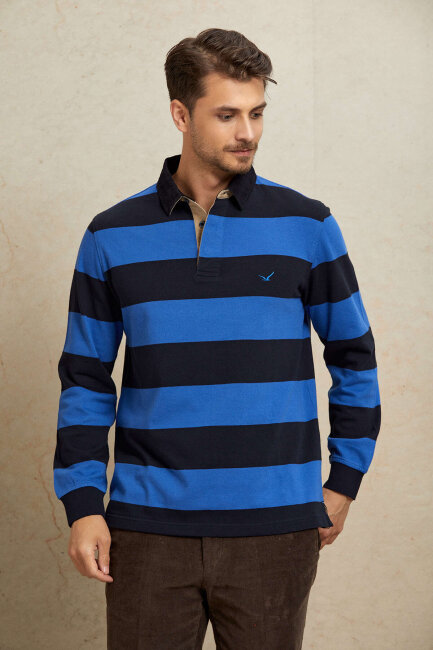 Lacivert - Royale %100 Pamuk Kadife Yaka Sweatshirt - 4