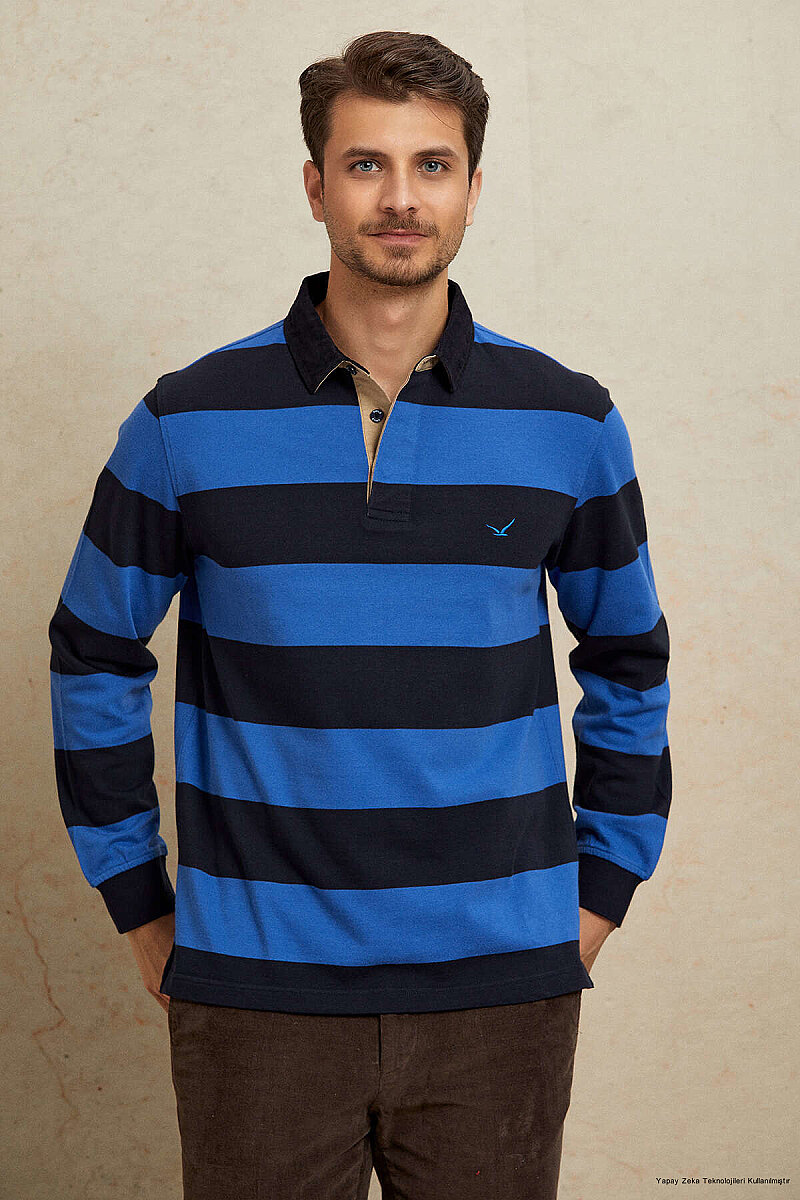 Lacivert - Royale %100 Pamuk Kadife Yaka Sweatshirt (1)